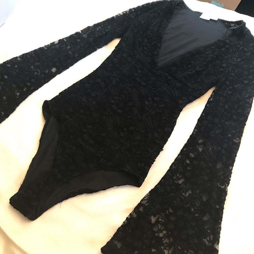 Black Bell Sleeve Lace Deep V Bodysuit Small